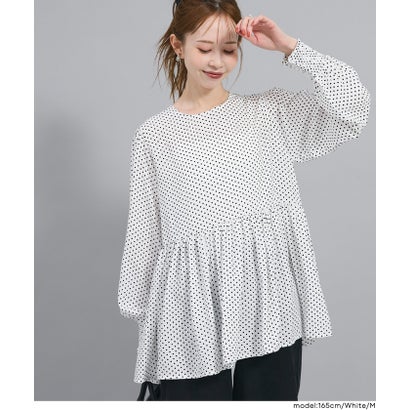 とろみドット長袖ギャザーチュニック （White）｜詳細画像