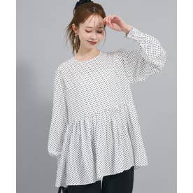 とろみドット長袖ギャザーチュニック （White）