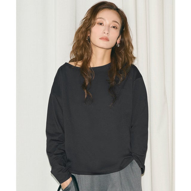コットンプレーティングボートネックトップス （Black）