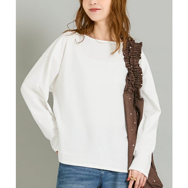 コットンプレーティングボートネックトップス （White）