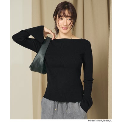 ボートネックフレアスリーブニットトップス （Black）｜詳細画像