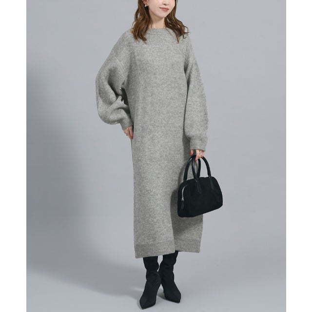 長袖ロングニットワンピース （Gray）