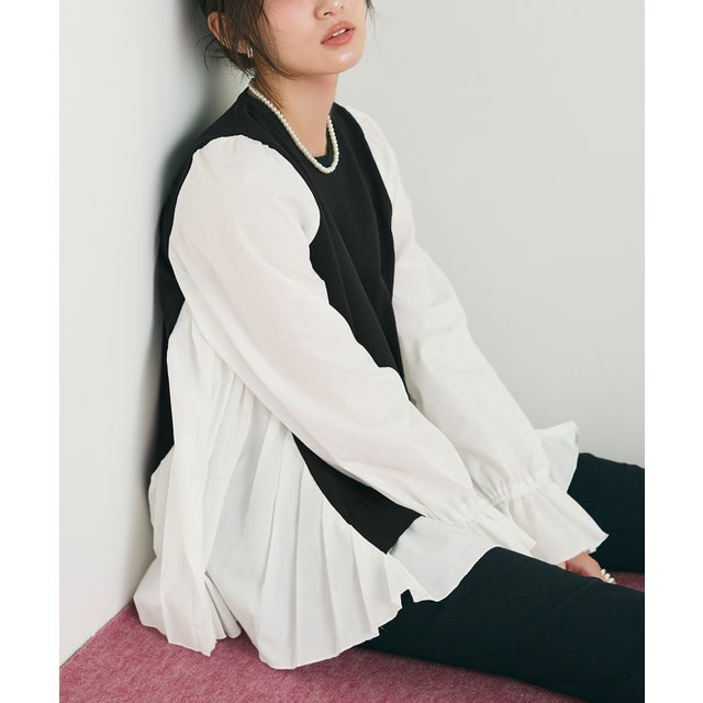 ニットドッキングプリーツブラウス （Black）