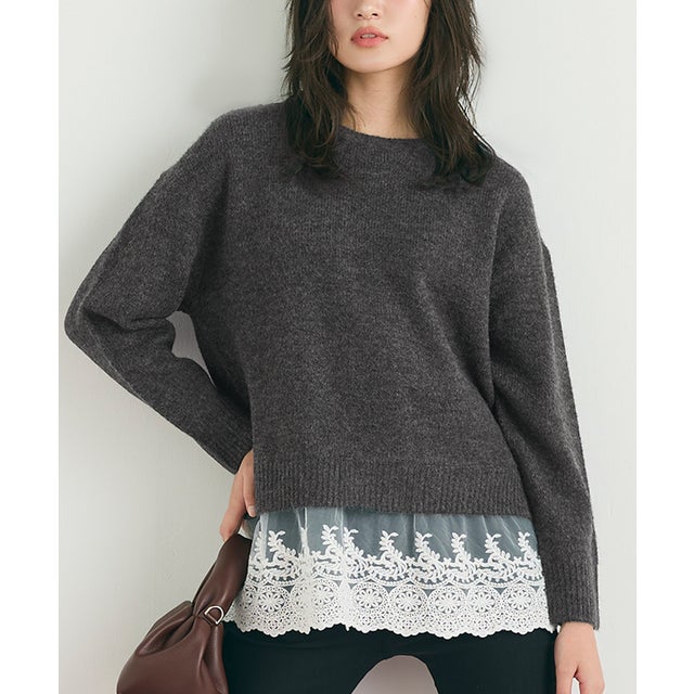 裾レースドッキングニットトップス （Charcoal）