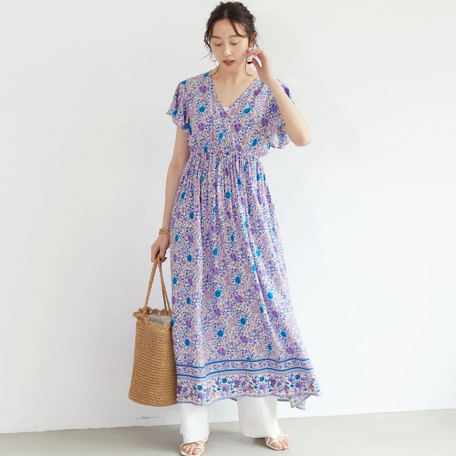 美品 カルバンクライン 花柄ワンピース ノースリーブ 紫 カラフル コカ coca オリエンタル柄 カシュクールワンピース （Purple