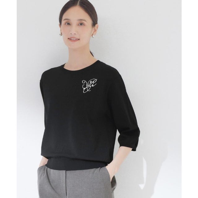 刺繍ポイント艶やかプルオーバーニット （ブラック(019)）