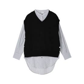 【洗える】ニットベスト+バンドカラーシャツ-SET （ブラック）