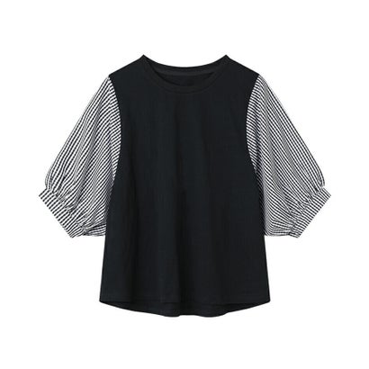 切替七分丈袖クルーネックドッキングTシャツ （グレー×ホワイト）｜詳細画像
