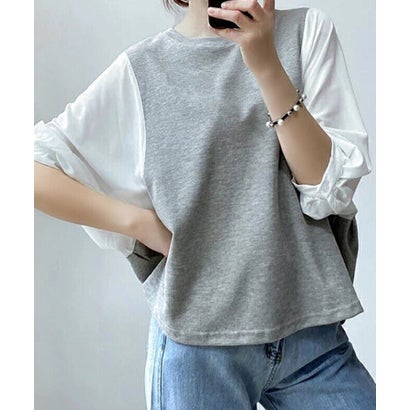 切替七分丈袖クルーネックドッキングTシャツ （グレー×ホワイト）｜詳細画像