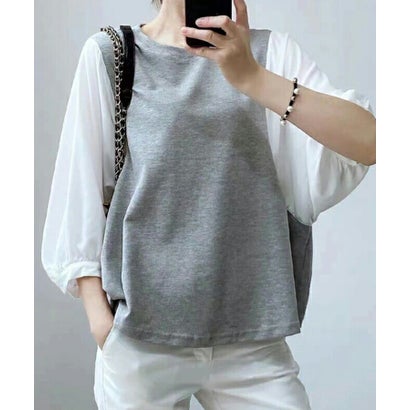 切替七分丈袖クルーネックドッキングTシャツ （グレー×ホワイト）｜詳細画像
