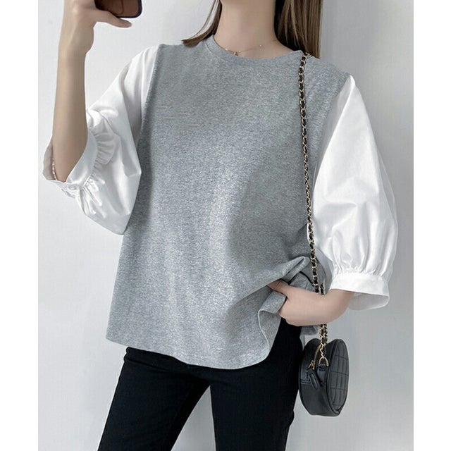 切替七分丈袖クルーネックドッキングTシャツ （グレー×ホワイト）