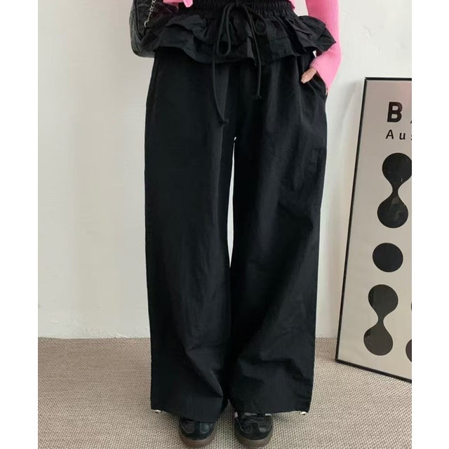 ウエストフリルワイドパンツ （ブラック）