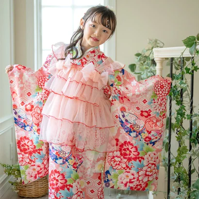チュールフリルエプロン+着物ワンピースセット （華こっぽり・桃[9]）｜詳細画像