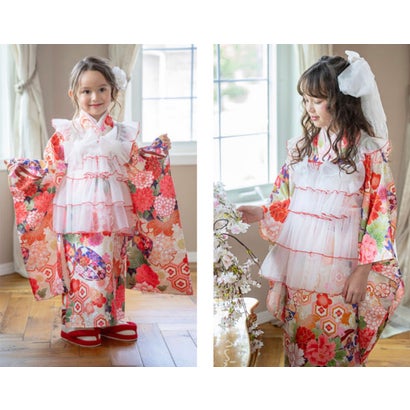 チュールフリルエプロン+着物ワンピースセット （華こっぽり・浅黄[8]）｜詳細画像