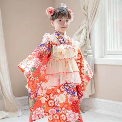 チュールフリルエプロン+着物ワンピースセット （華こっぽり・橙[7]）｜詳細画像