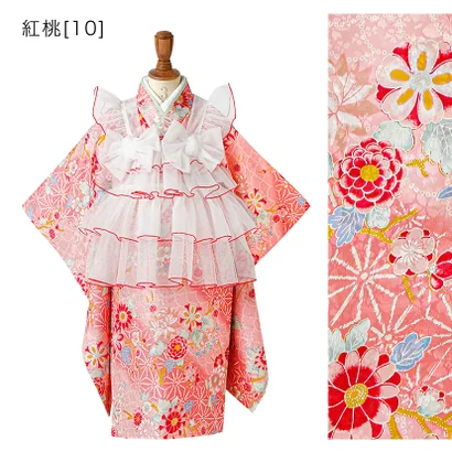 チュールフリルエプロン+着物ワンピースセット （紅桃[10]）｜詳細画像