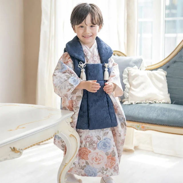 男の子着物ワンピース+被布セット （ゴブランナチュラル×紺色被布[3]）