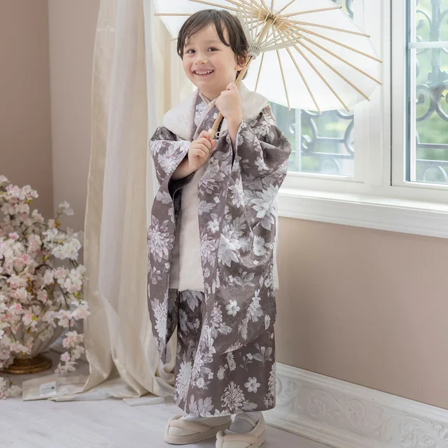 男の子着物ワンピース+被布セット （ダリアチャコール×亜麻色被布[4]）