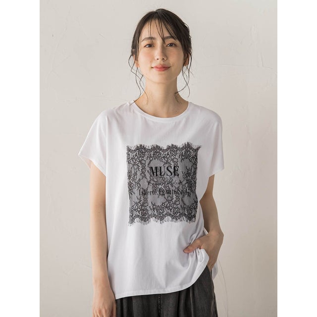 レースたたき付けプリントTシャツ （オフホワイト）