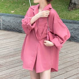 オーバーサイズアシンメトリーシャツ 韓国ファッション 10代 20代 30代 大きめ 首周りスッキリ 開放的 おしゃれ くすみカラー 可愛い （ピンク）