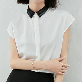 サテン風ブラウス 韓国ファッション 10代 20代 30代 大人 上品 シンプル フレンチスリーブ おしゃれ 半袖 きれいめ カジュアル 襟付き （ホワイト）