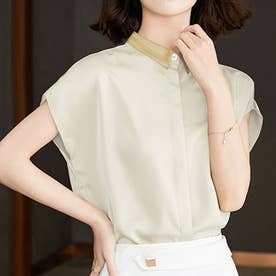 サテン風ブラウス 韓国ファッション 10代 20代 30代 大人 上品 シンプル フレンチスリーブ おしゃれ 半袖 きれいめ カジュアル 襟付き （イエロー）