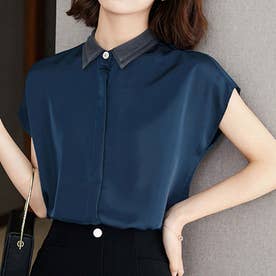 サテン風ブラウス 韓国ファッション 10代 20代 30代 大人 上品 シンプル フレンチスリーブ おしゃれ 半袖 きれいめ カジュアル 襟付き （ブルー）