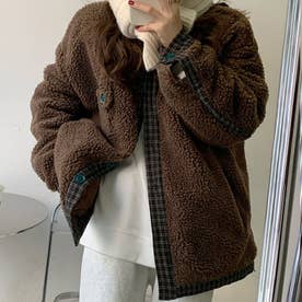 チェックボアアウター レディース 10代 20代 30代 韓国ファッション カジュアル 可愛い 大人 羽織り 上着 秋 冬 大きいサイズ コート 黒 （ブラウン）