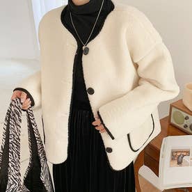 ノーカラーボアジャケット レディース 10代 20代 30代 韓国ファッション カジュアル 可愛い 大人 秋 冬 黒 白 アウター 暖かい コート （ホワイト）