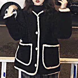 ノーカラーボアジャケット レディース 10代 20代 30代 韓国ファッション カジュアル 可愛い 大人 秋 冬 黒 白 アウター 暖かい コート （ブラック）