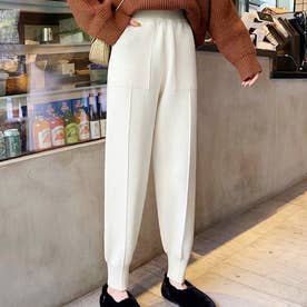 センタープレス風ニットパンツ レディース 10代 20代 30代 韓国ファッション 春 秋 冬 可愛い 大人カジュアル シンプル 黒 白 無地 （アイボリー）