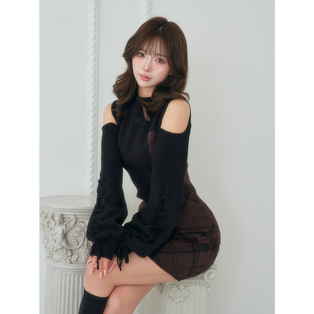 ダーリッチ Darich サイドチェックニットミニワンピース （グレー 