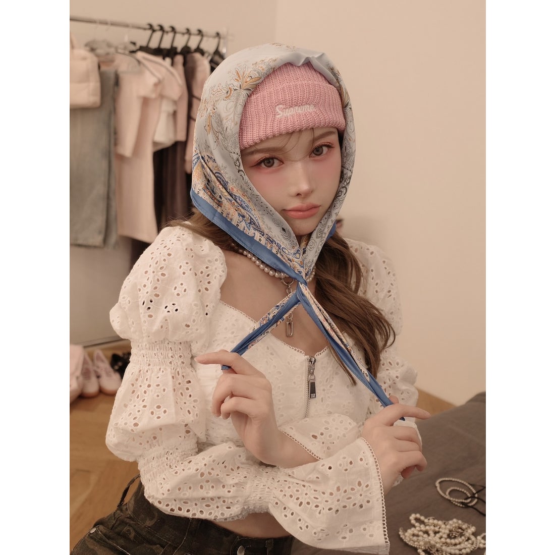 ダーリッチ Darich コットンレースデザイントップス （サックス