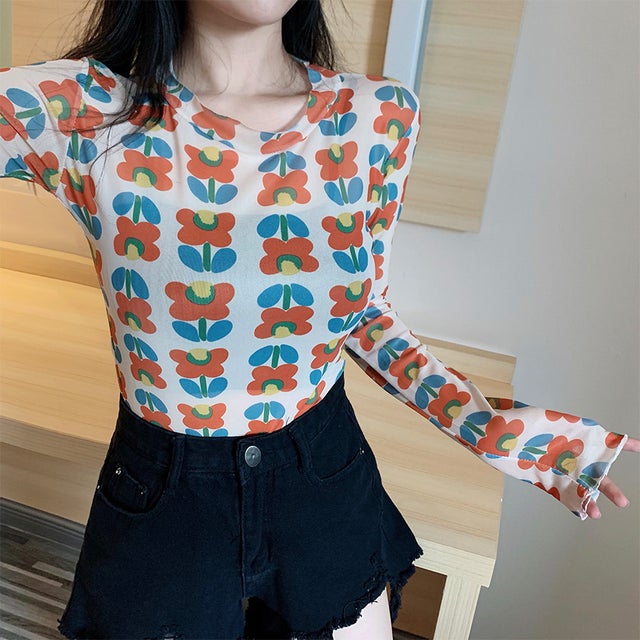 総柄シアー長袖カットソー レディース トップス （A）