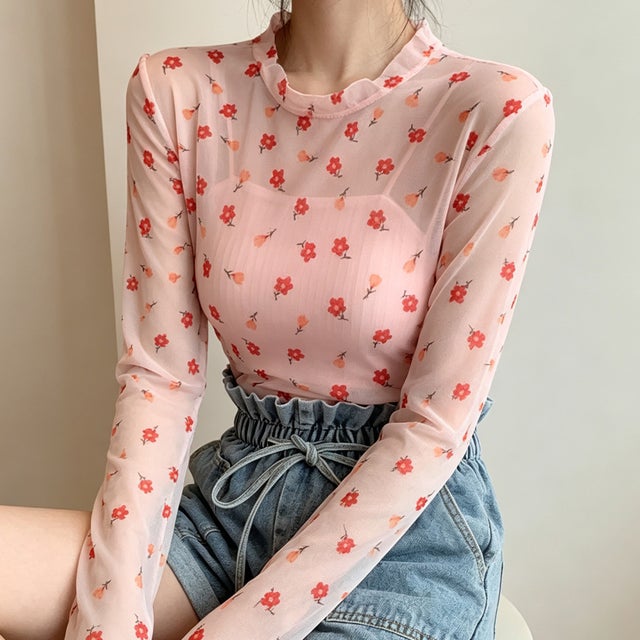 総柄シアー長袖カットソー レディース トップス （B）