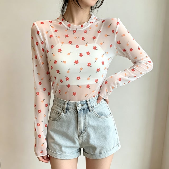 総柄シアー長袖カットソー レディース トップス （C）