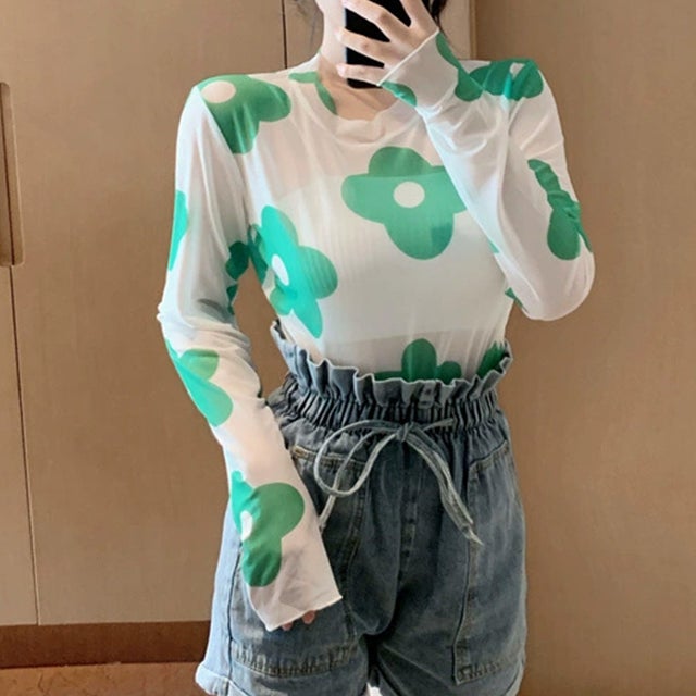 総柄シアー長袖カットソー レディース トップス （E）
