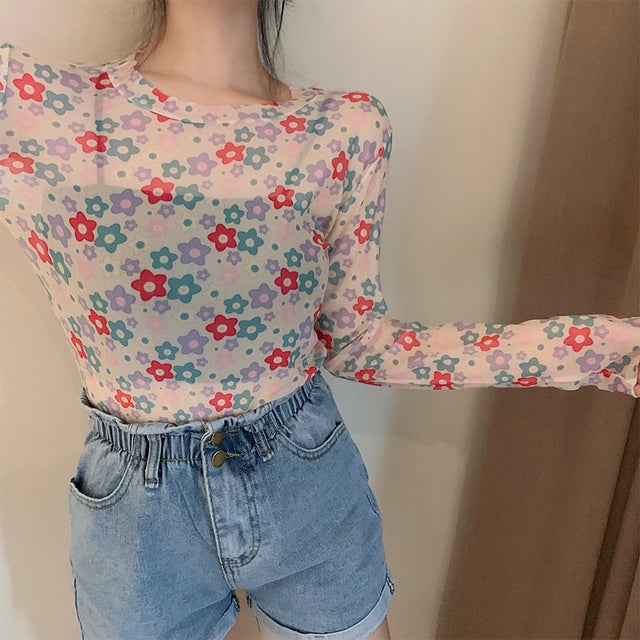 総柄シアー長袖カットソー レディース トップス （G）