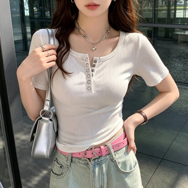 ヘンリーネック半袖リブTシャツ レディース トップス （ホワイト）