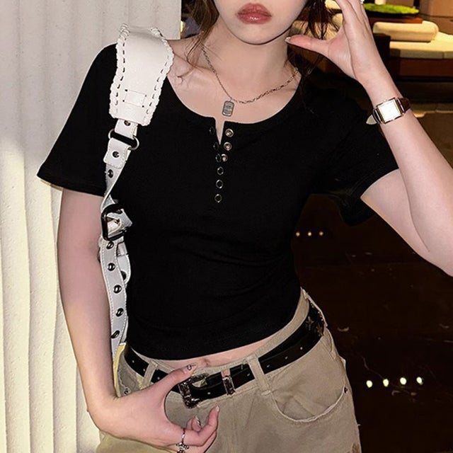 ヘンリーネック半袖リブTシャツ レディース トップス （ブラック）