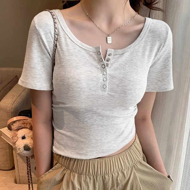 ヘンリーネック半袖リブTシャツ レディース トップス （グレー）