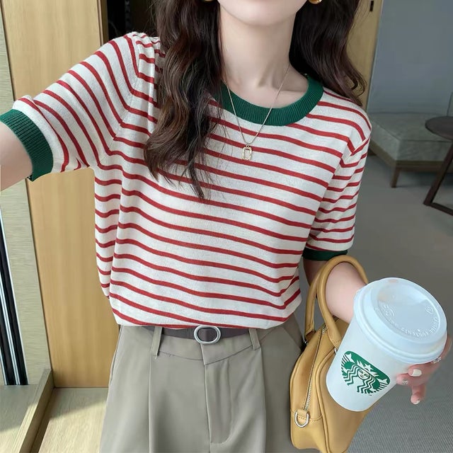 配色リブボーダー半袖ニットトップス レディース トップス （C）