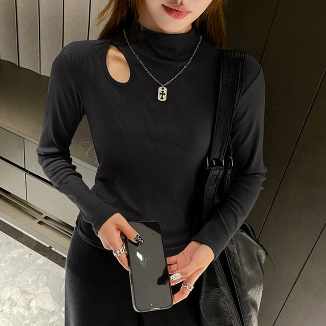 デコルテオープン長袖リブトップス レディース トップス （ブラック）