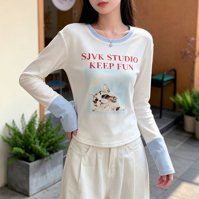 キャットロゴプリント配色長袖カットソー レディース トップス （ホワイト）