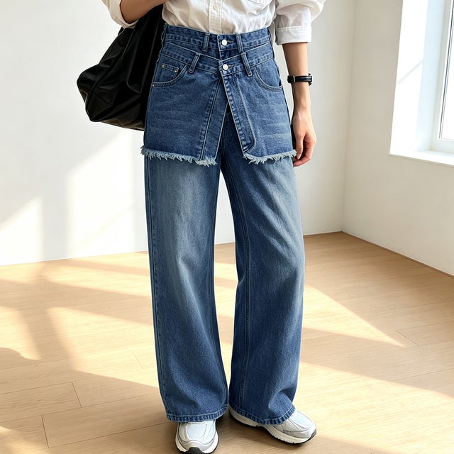 レイヤード風デザインワイドデニムパンツ レディース ボトムス （ブルー）