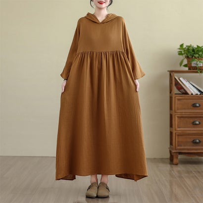 フード付きギャザー切り替え長袖ロングワンピース レディース トップス （ターメリック）｜詳細画像