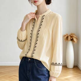 刺繍デザインスタンドカラー長袖シャツブラウス レディース トップス （ベージュ）