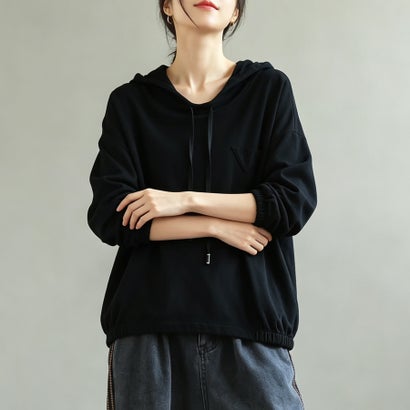 三角モチーフ付き長袖パーカー レディース トップス （ブラック）｜詳細画像