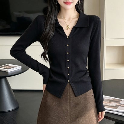 ドゥー ベル Doux Belle 襟付きスキッパーサイドギャザー長袖ニットプルオーバー レディース トップス （ブラック）｜詳細画像
