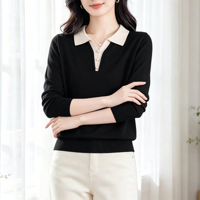 ドゥー ベル Doux Belle 配色ポロ襟Vネックボタン長袖ニットプルオーバー レディース トップス （ブラック）｜詳細画像